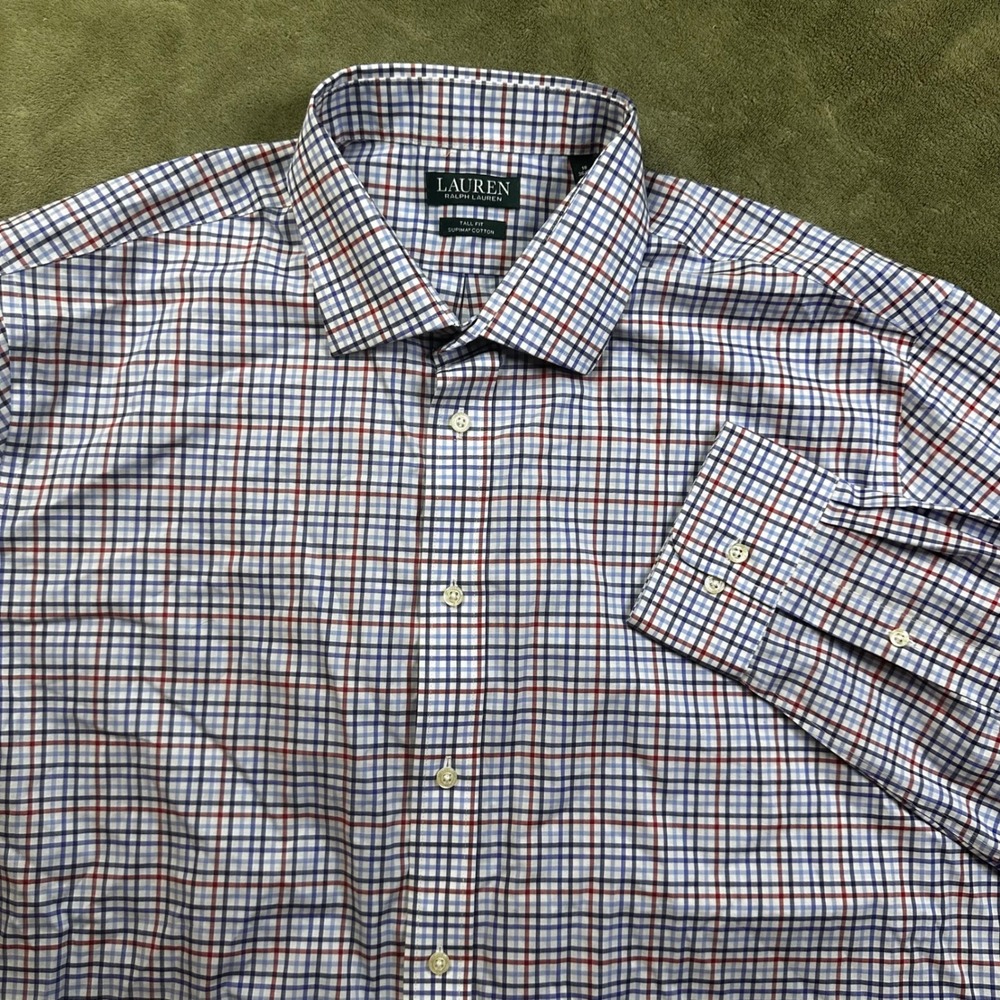 Lauren Ralph Lauren Mens 18 36/37 Tall Fit Supima Cotton Check Dress Shirt Blue